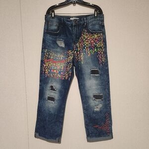 MISSLOOK Painted On Distressed Straight Leg Jeans High Rise Xtra Large Ankle